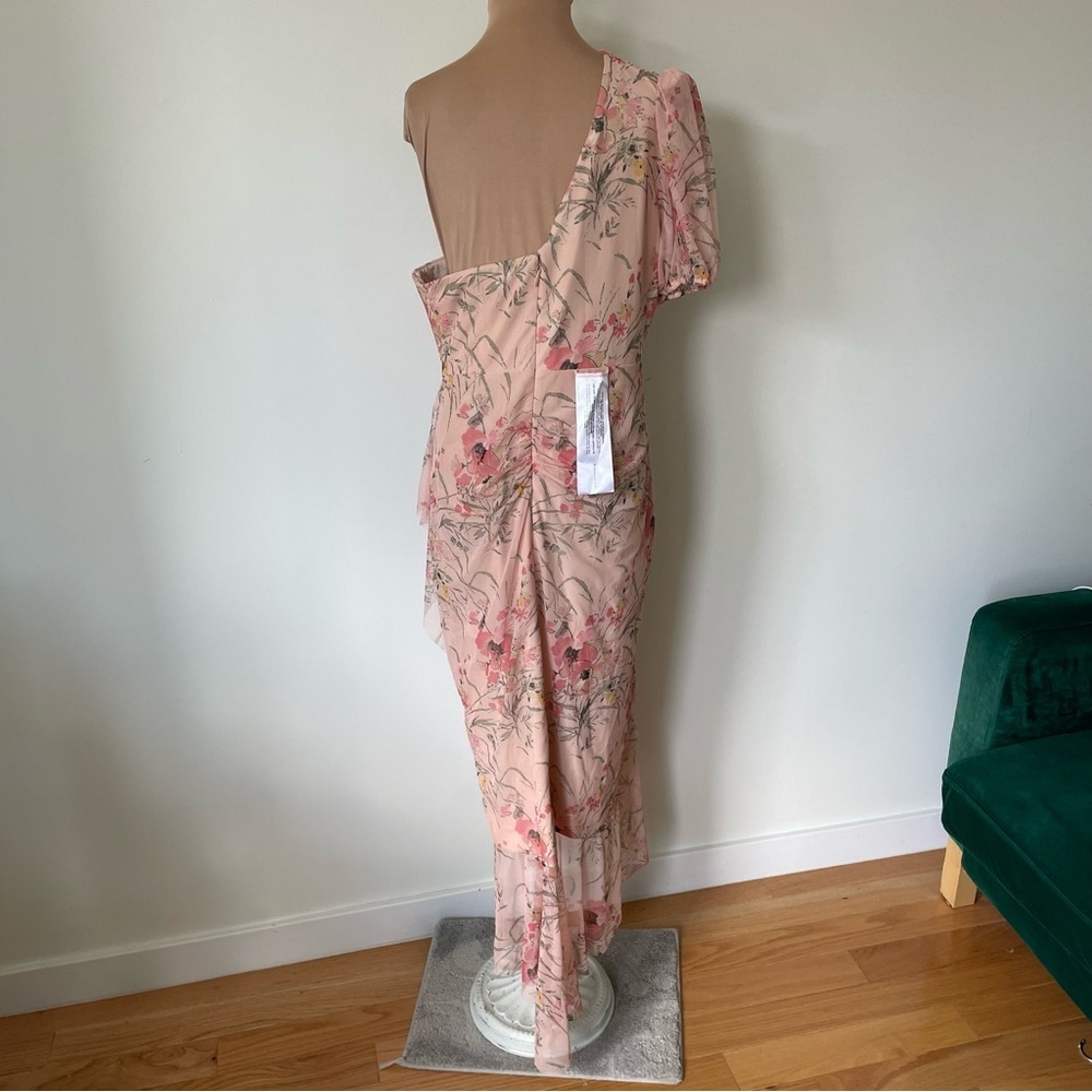 BCBGMAXAZRIA 1 Shoulder Asymmetric Ruffle Pink Floral Midi Evening Dress NWT XL - Picture 6 of 11